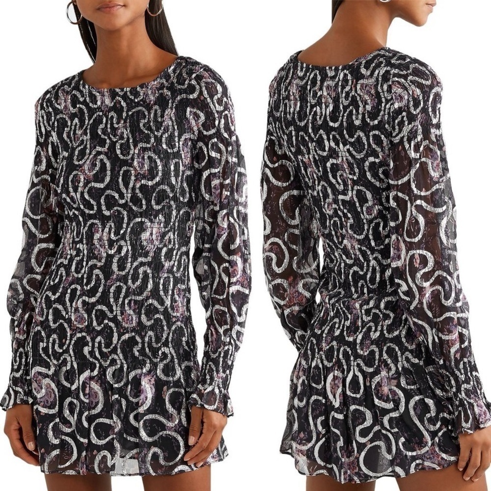 LoveShackFancy Scarlett Chiffon Mini Dress Small‎ Navy Cosmos silk metallic blue